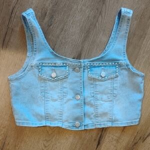 Light Blue Denim Crop Top with Studded Details